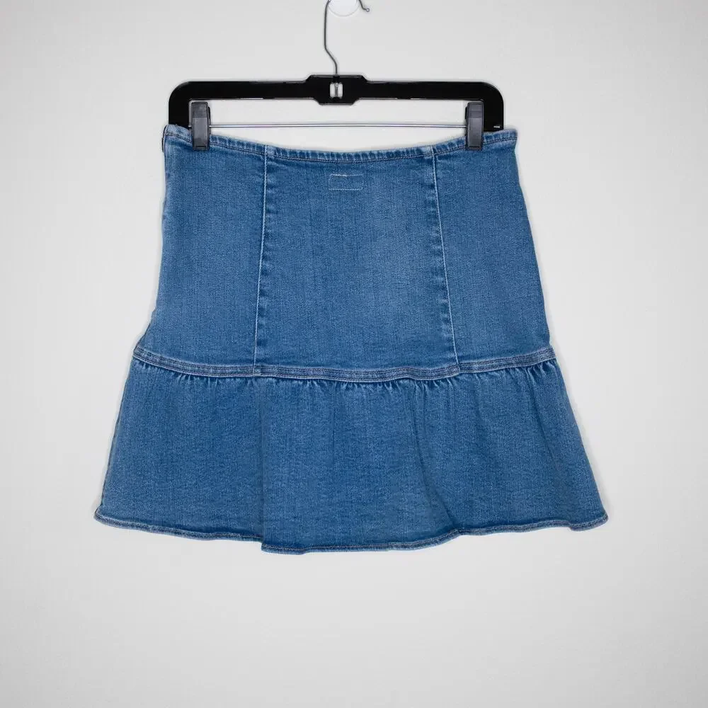 MOTHER The Minx Denim Mini Skirt Layover Ruffle Asymmetric SZ 28